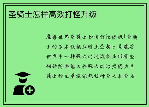 圣骑士怎样高效打怪升级